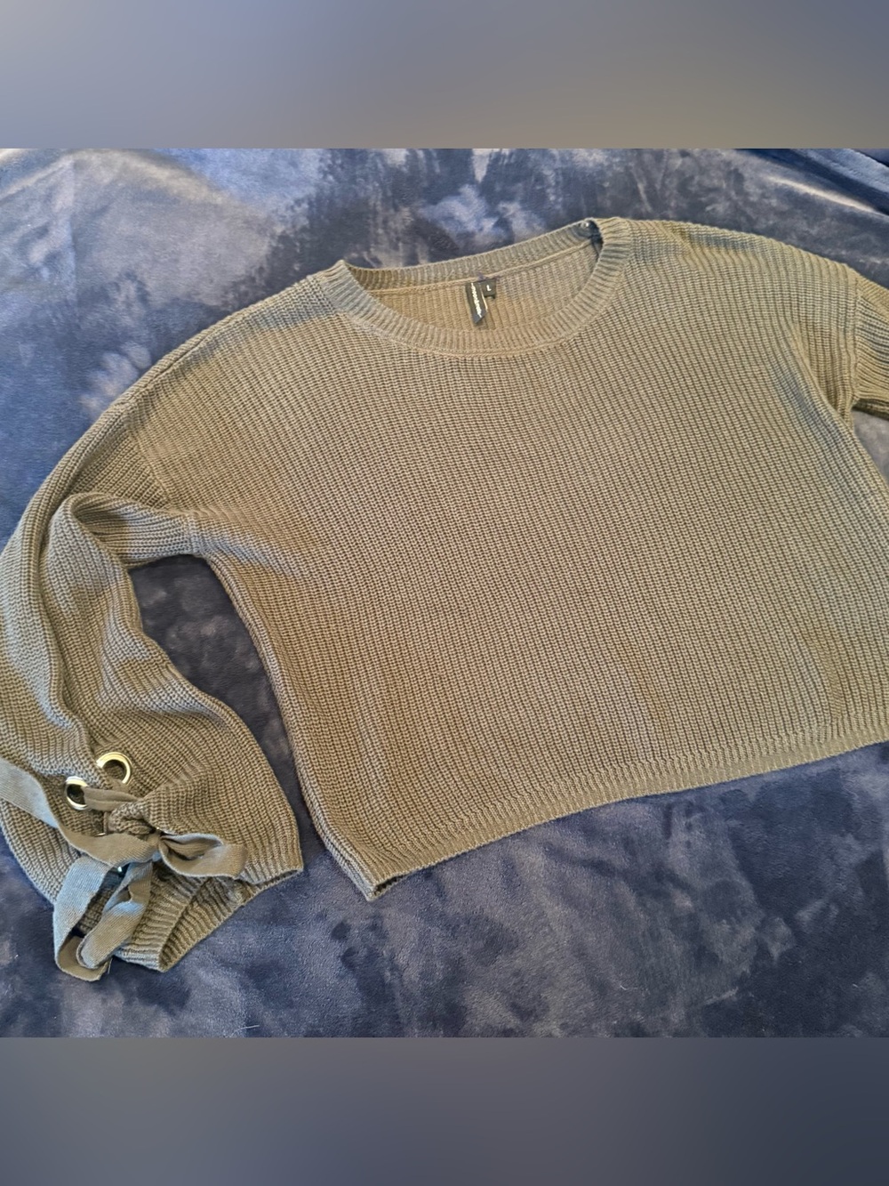 moon & madison Olive Green Crewneck Sweater with Lace-Up Sleeve